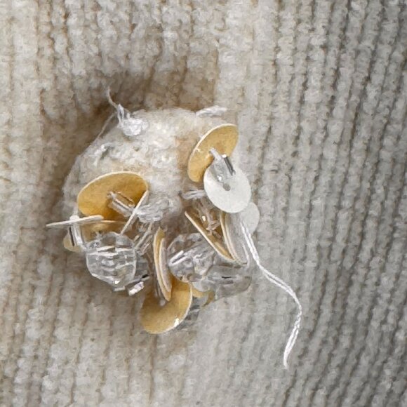 Vintage Snowflake Sequin Chenille Cardigan Sweater Womens Faux Fur Collar Cream - Picture 6 of 8